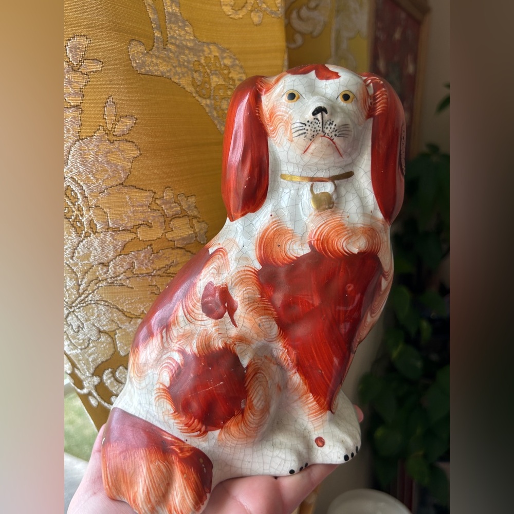 Antique 19th Century Staffordshire Spaniel Figurine in Russet Red and White